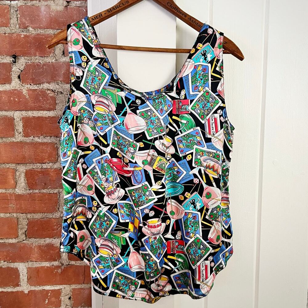 Vintage 90s Silk Novelty Print Tank Blouse Card Motif Graphic Top S